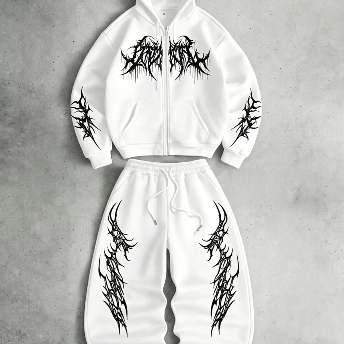 White Zip Hoodie and Joggers Set with Print