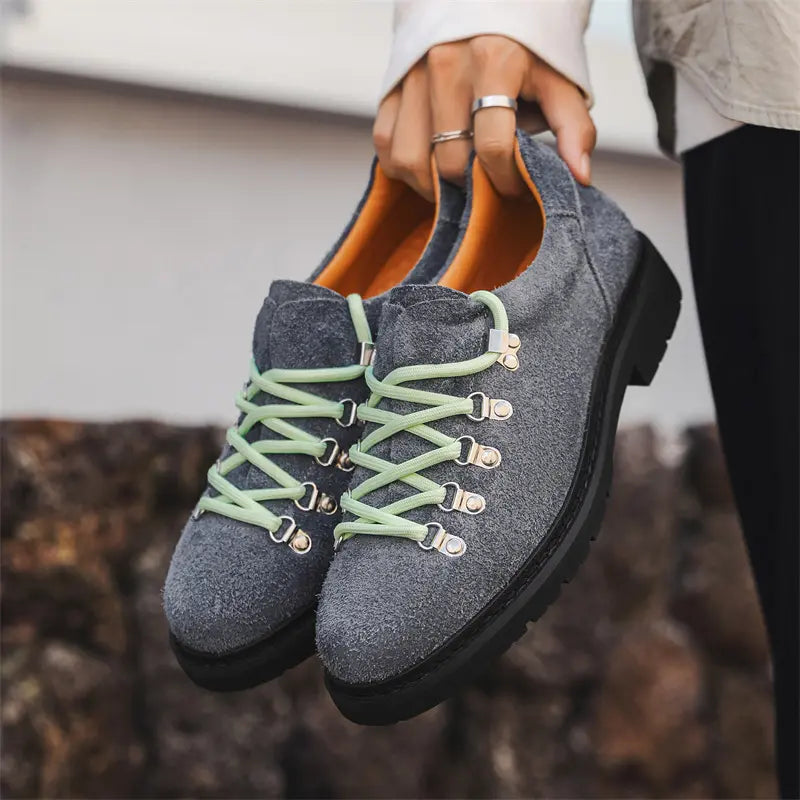 Grey Suede Lace-Up Shoes with Thick Black Sole