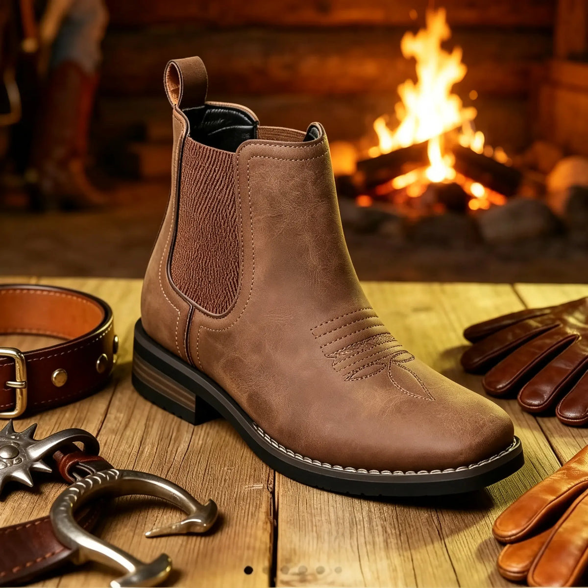 Brown Leather-Look Square Toe Ankle Boot