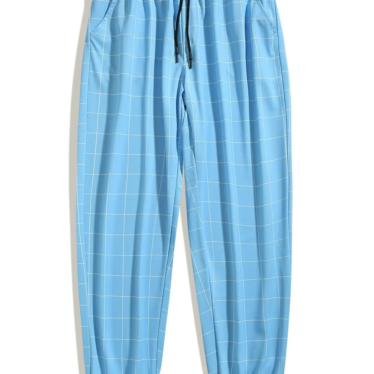 Light Blue Windowpane Check Tapered Trousers