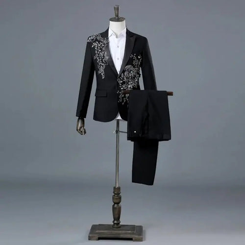 Black Two-Piece Suit with Beaded Floral Appliqué