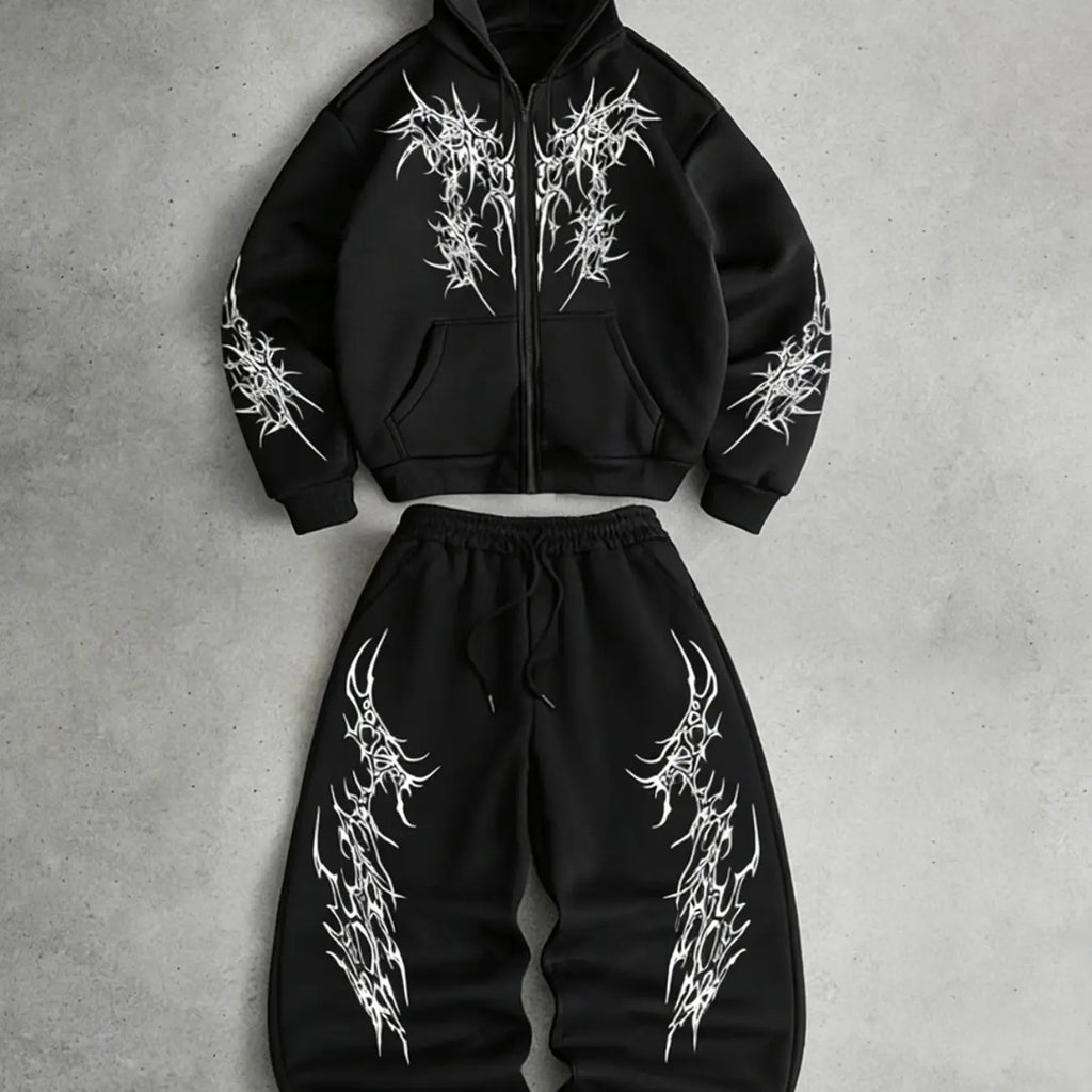 White Zip Hoodie and Joggers Set with Print