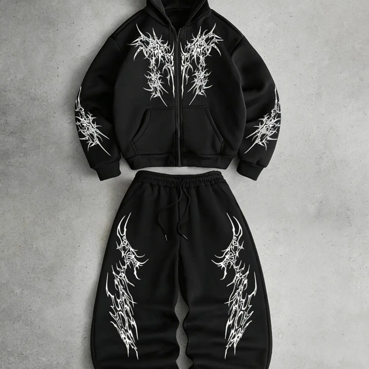 White Zip Hoodie and Joggers Set with Print