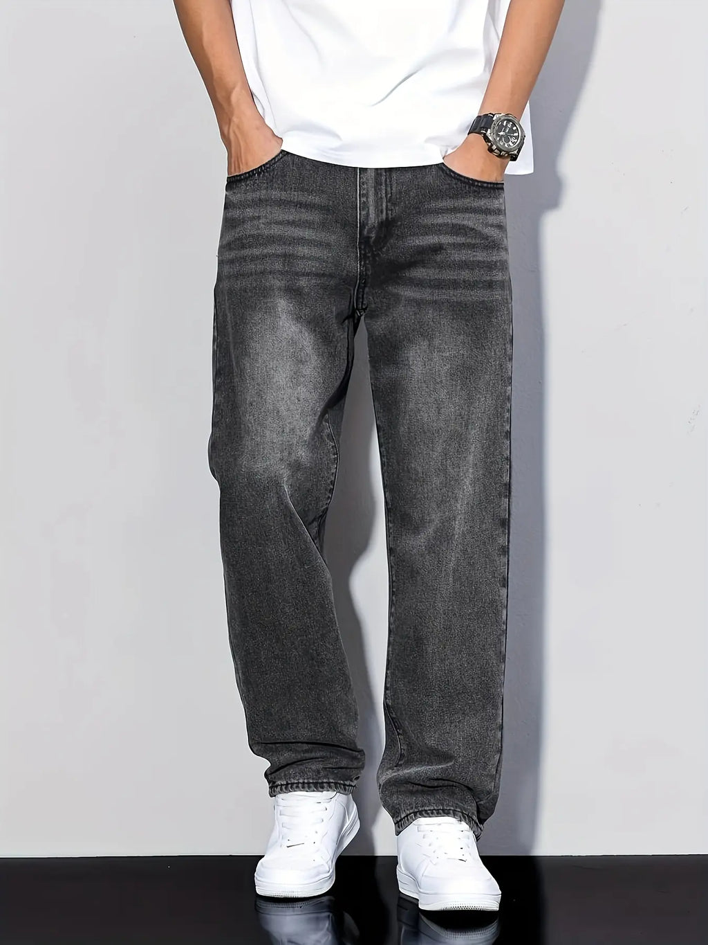 Faded Grey Straight-Leg Denim Jeans