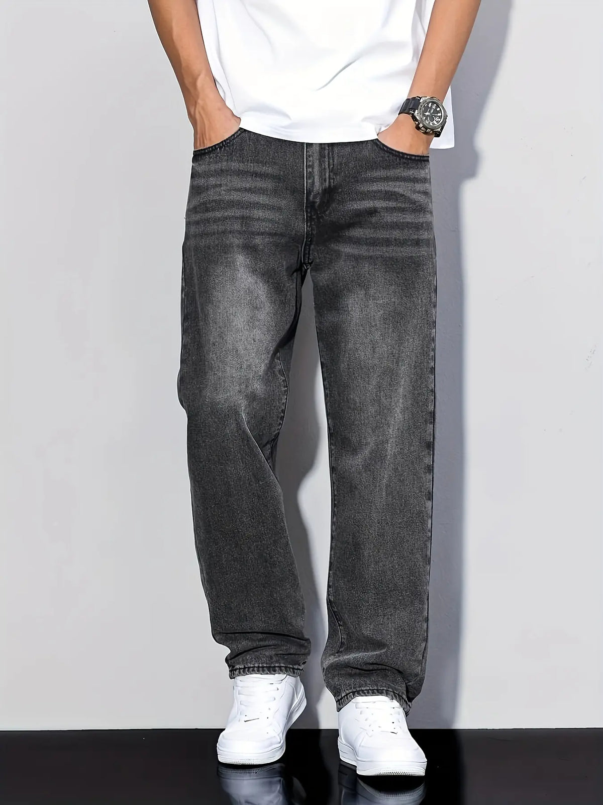 Faded Grey Straight-Leg Denim Jeans