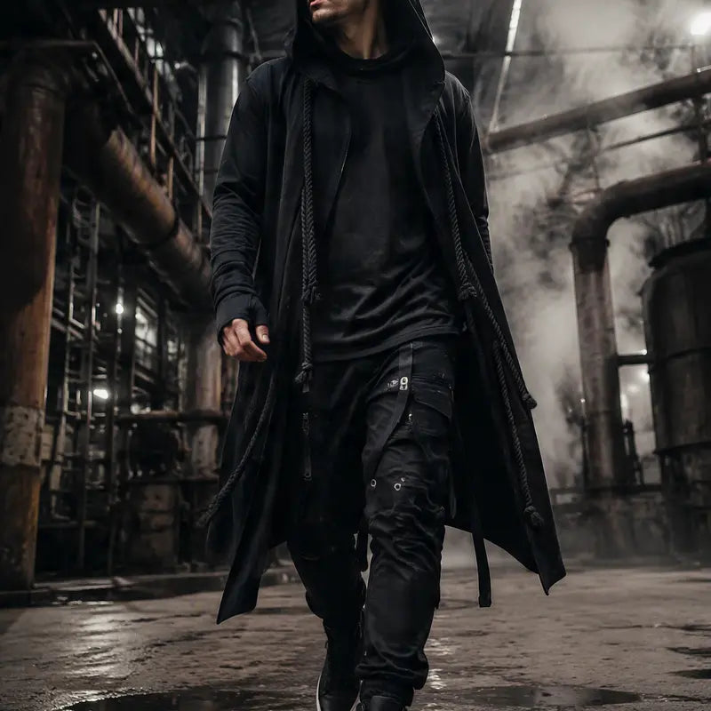 Long Black Hooded Open-Front Cloak Coat