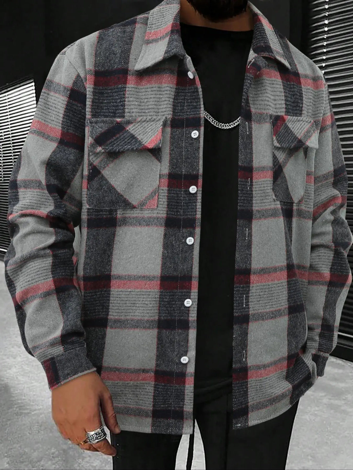 Grey Plaid Button Front Flannel Shirt Jacket