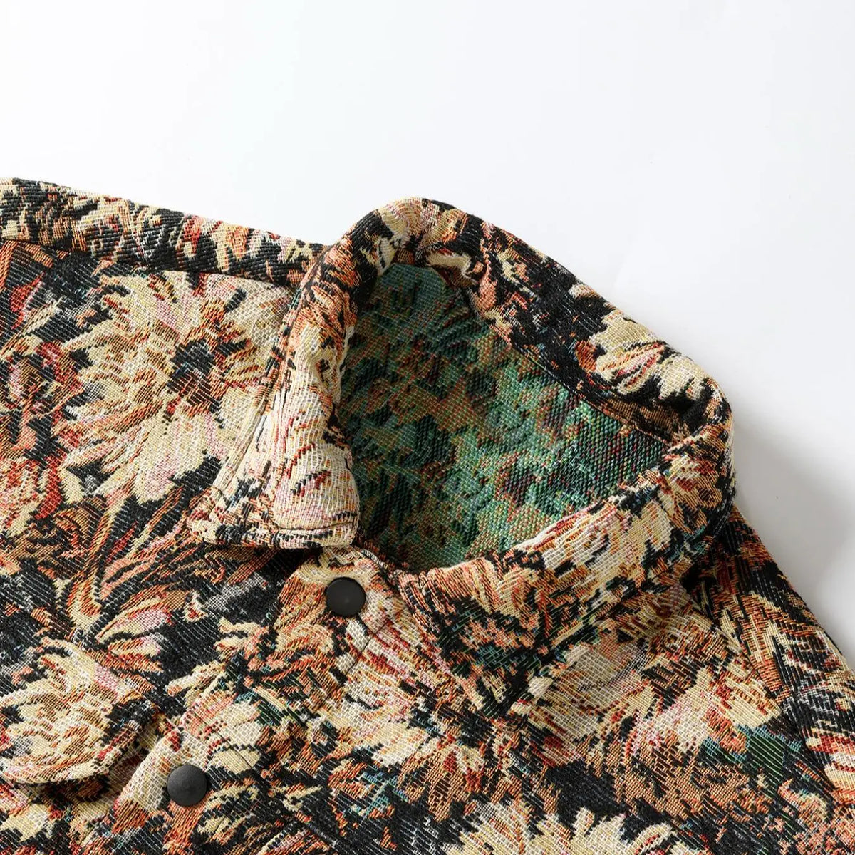 Men's Floral Jacquard Button-Front Jacket in Brown Tones