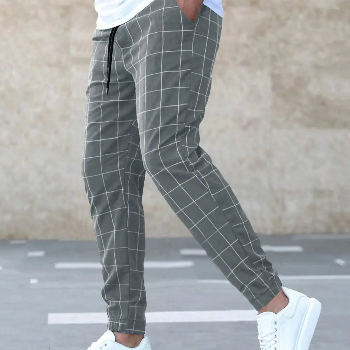Light Blue Windowpane Check Tapered Trousers