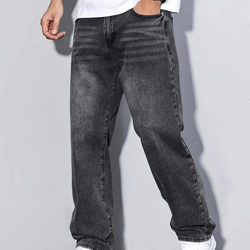Faded Grey Straight-Leg Denim Jeans