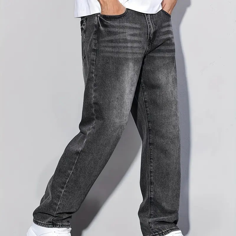 Faded Grey Straight-Leg Denim Jeans