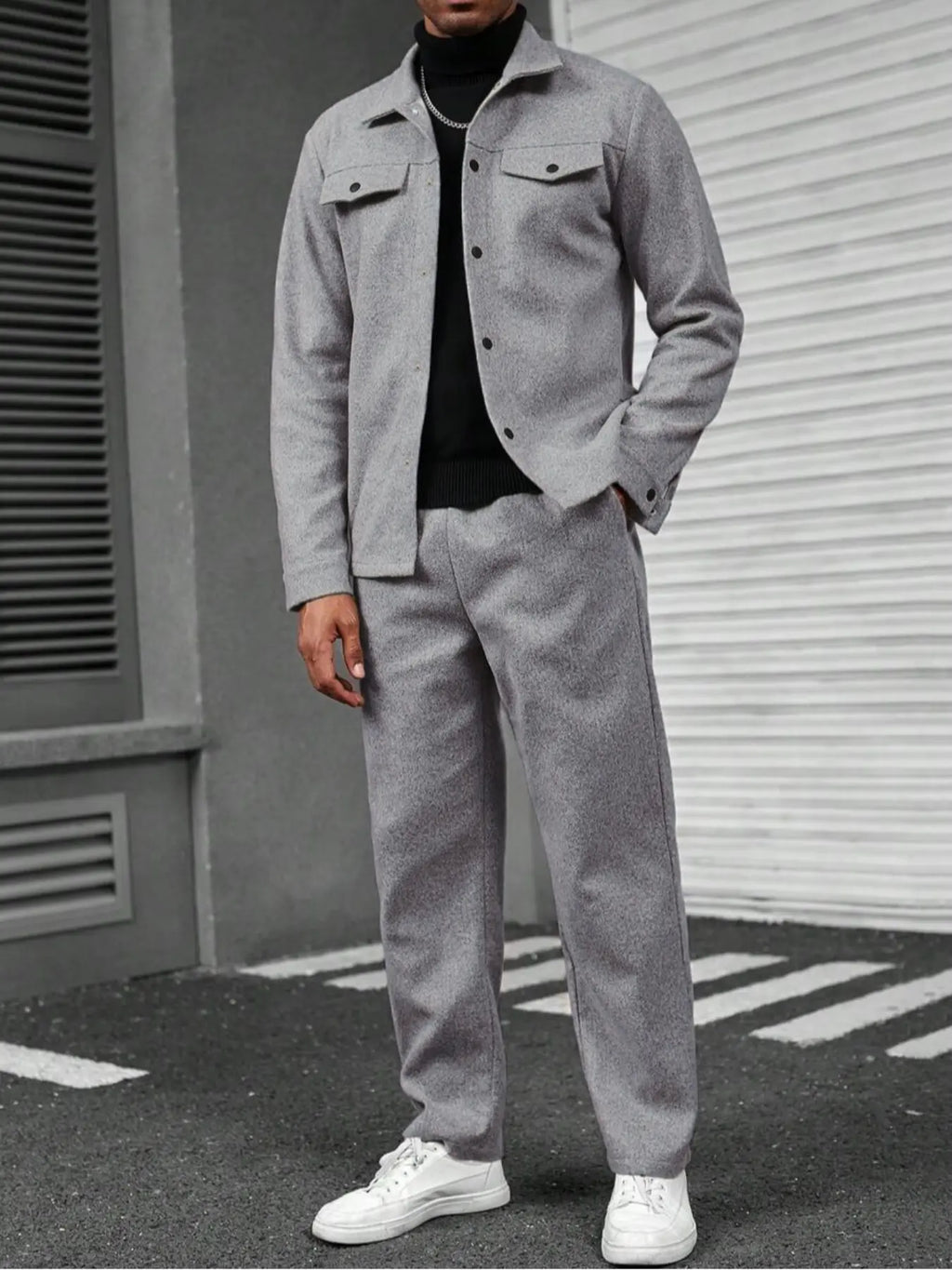 Grey Pocket Jacket and Straight Trousers Set