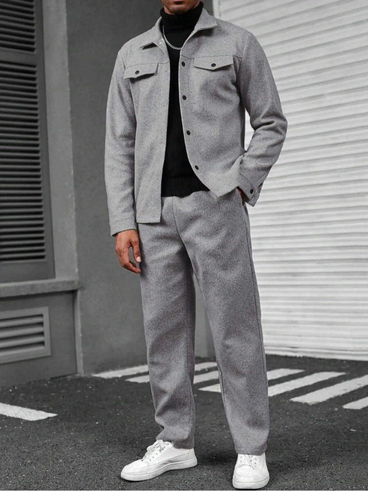 Grey Pocket Jacket and Straight Trousers Set