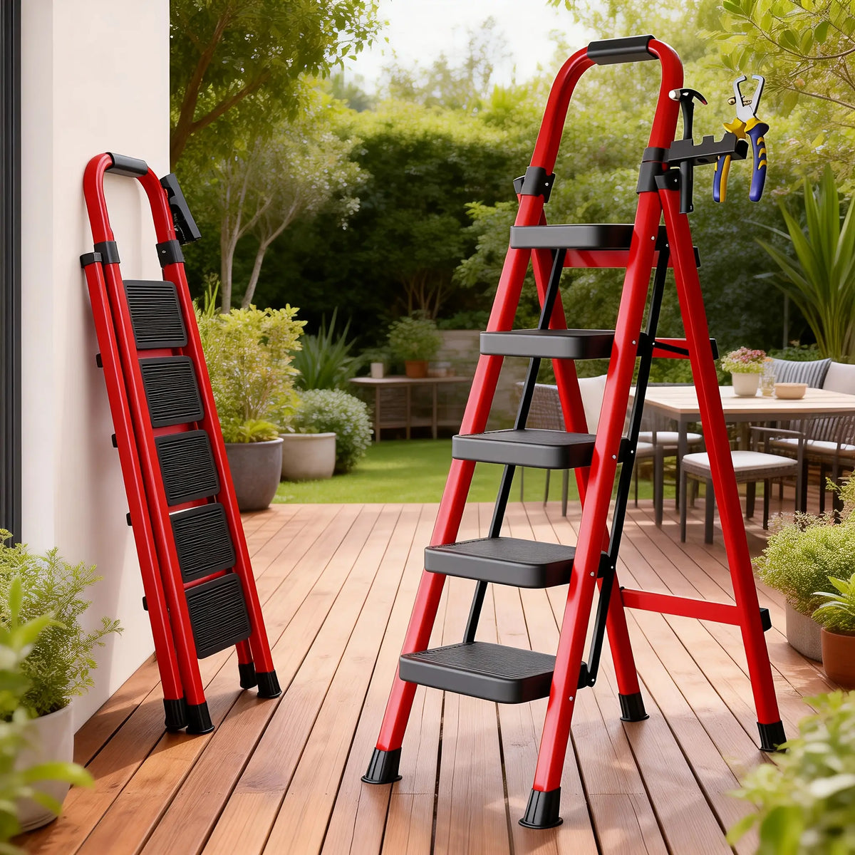 Red Folding Step Ladder with Black Treads