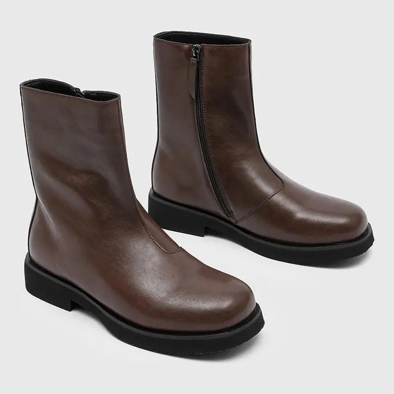 Black Leather-Look Ankle Boots with Side Zip