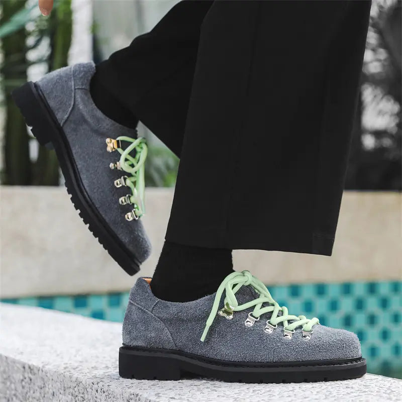 Grey Suede Lace-Up Shoes with Thick Black Sole