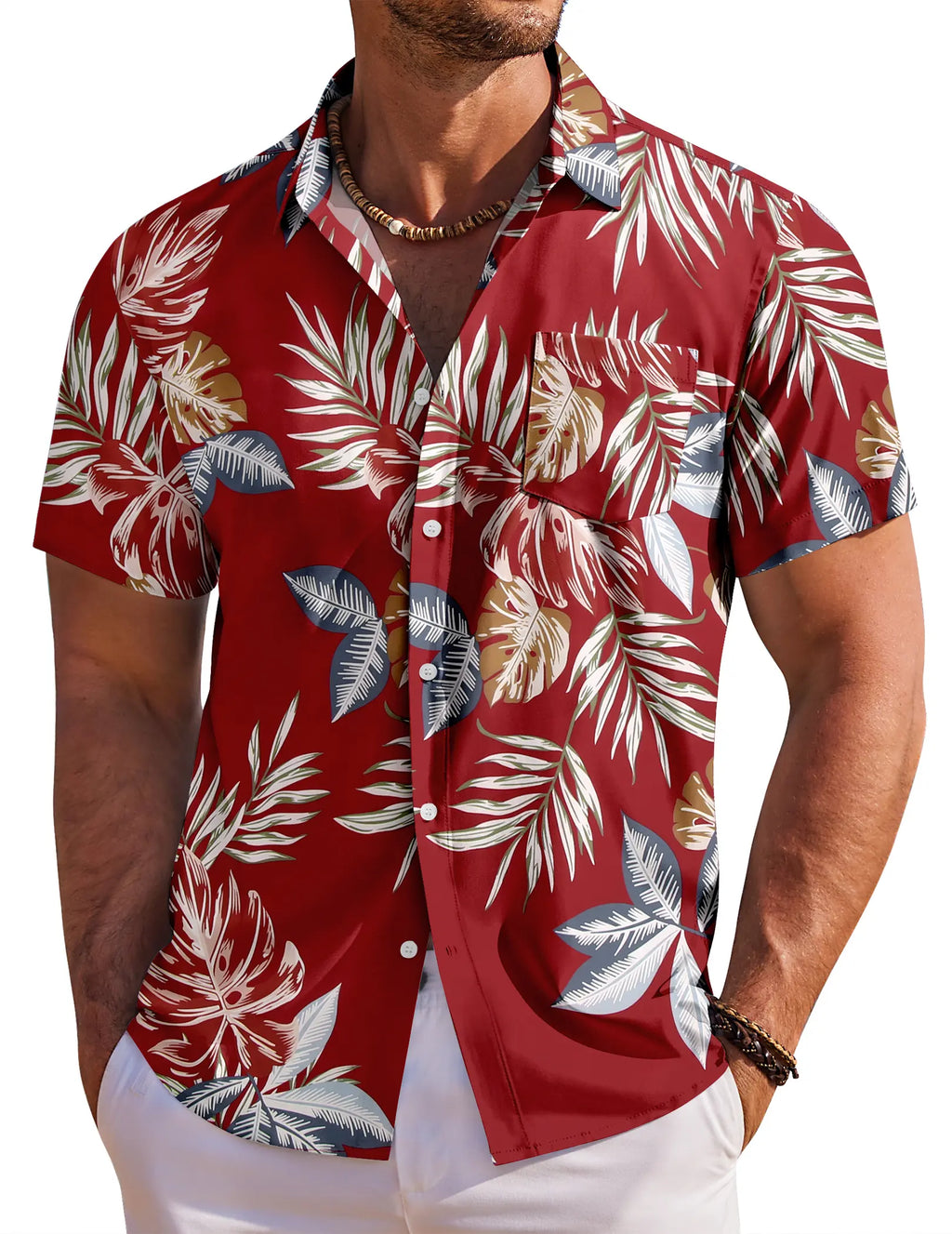 Red Short Sleeve Shirt with Leaf Print