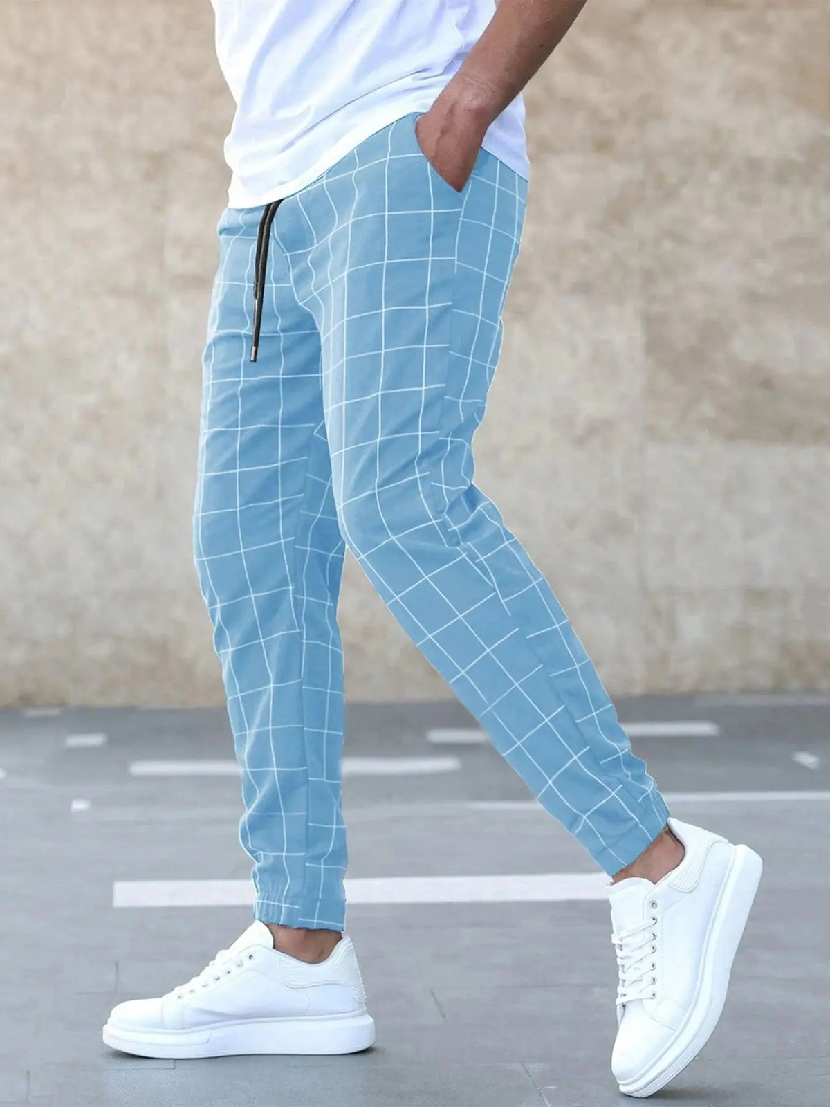 Light Blue Windowpane Check Tapered Trousers