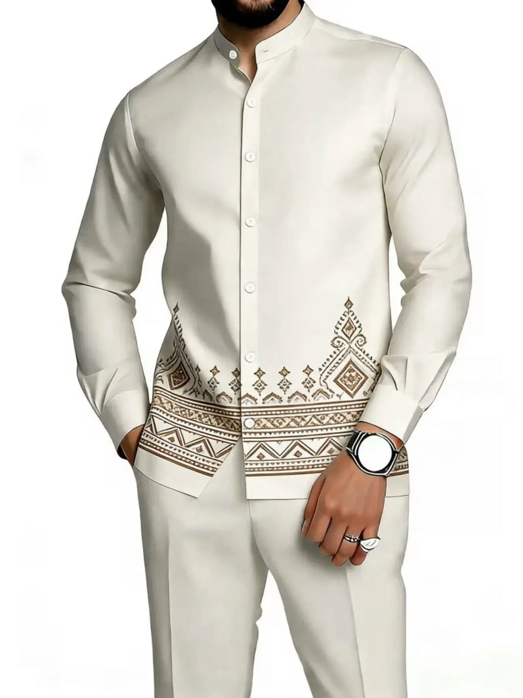 Cream Stand-Collar Shirt and Trousers Set