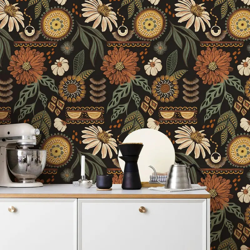 Dark Botanical Floral Peel and Stick Wallpaper