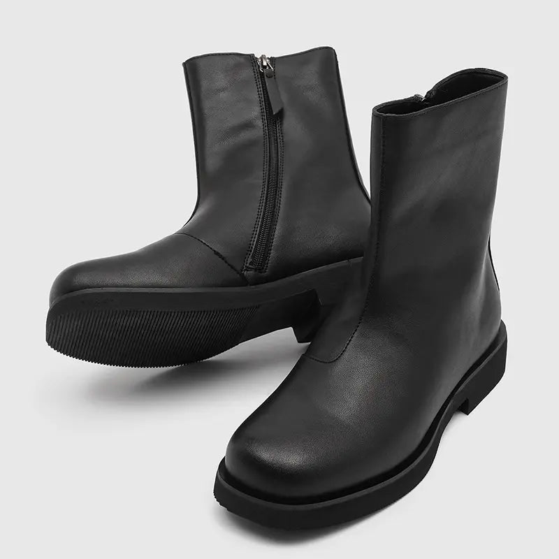 Black Leather-Look Ankle Boots with Side Zip