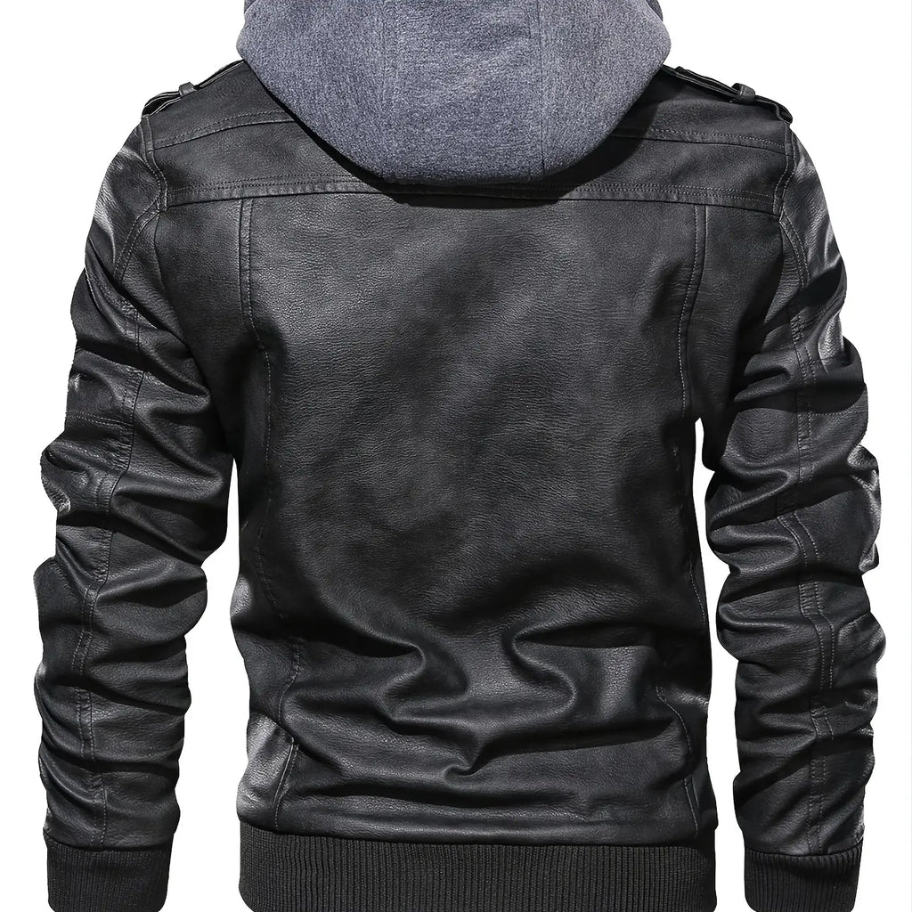 Black Faux Leather Zip Jacket with Hood