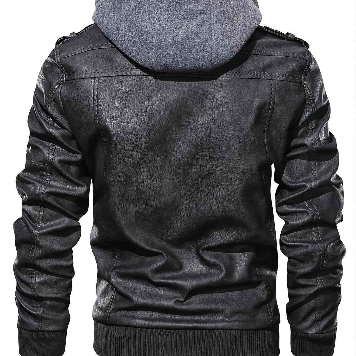 Black Faux Leather Zip Jacket with Hood