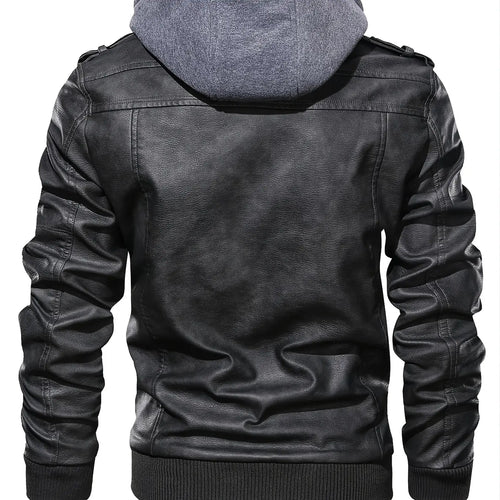 Black Faux Leather Zip Jacket with Hood