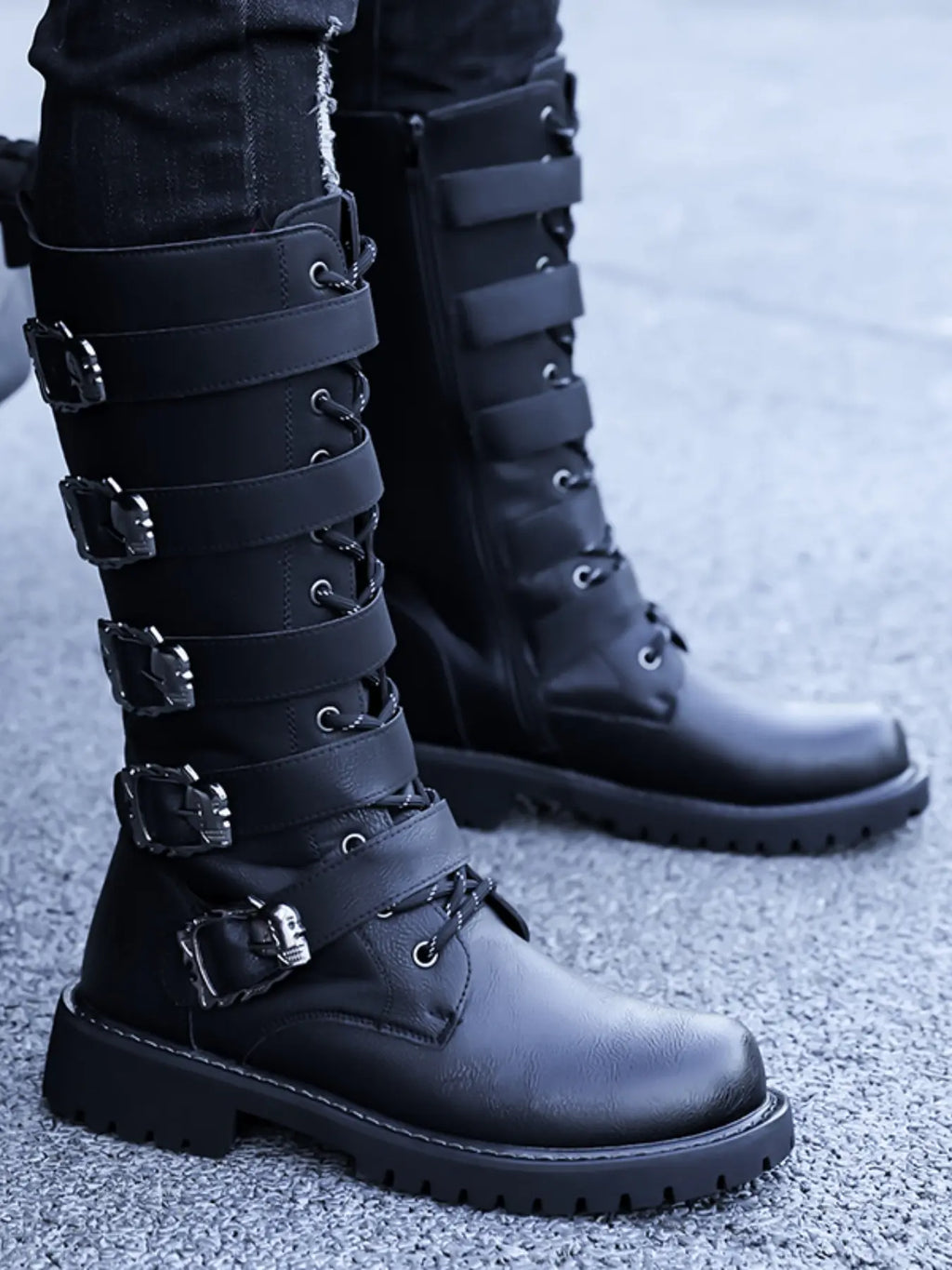 Black Faux Leather Mid-Calf Boots with Buckle Straps