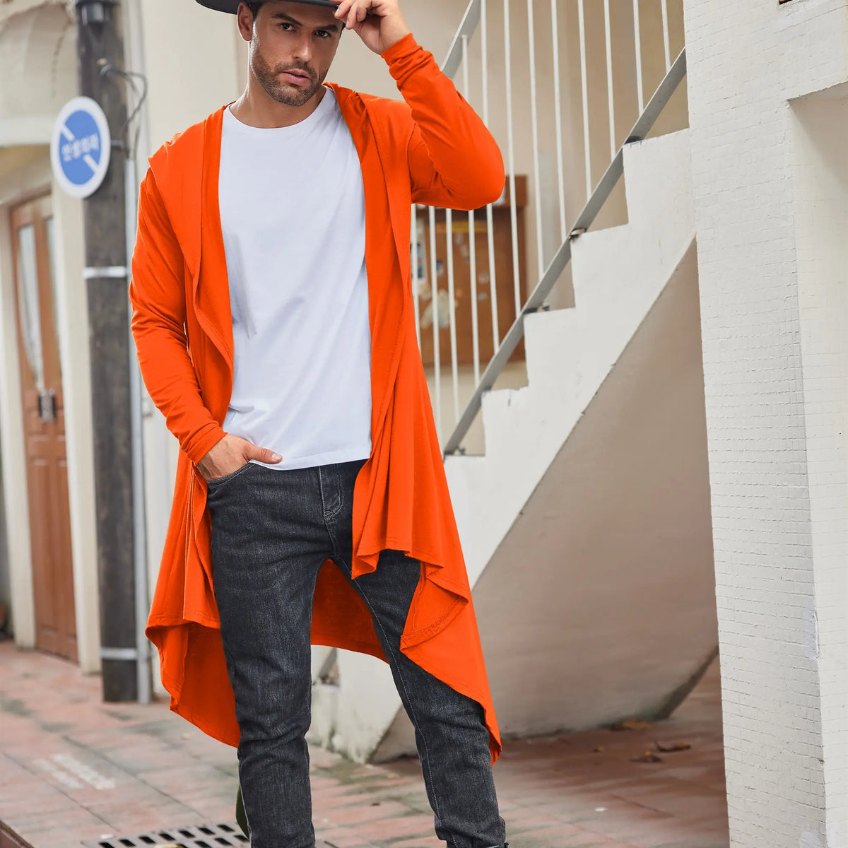 Orange Open-Front Long Drape Cardigan