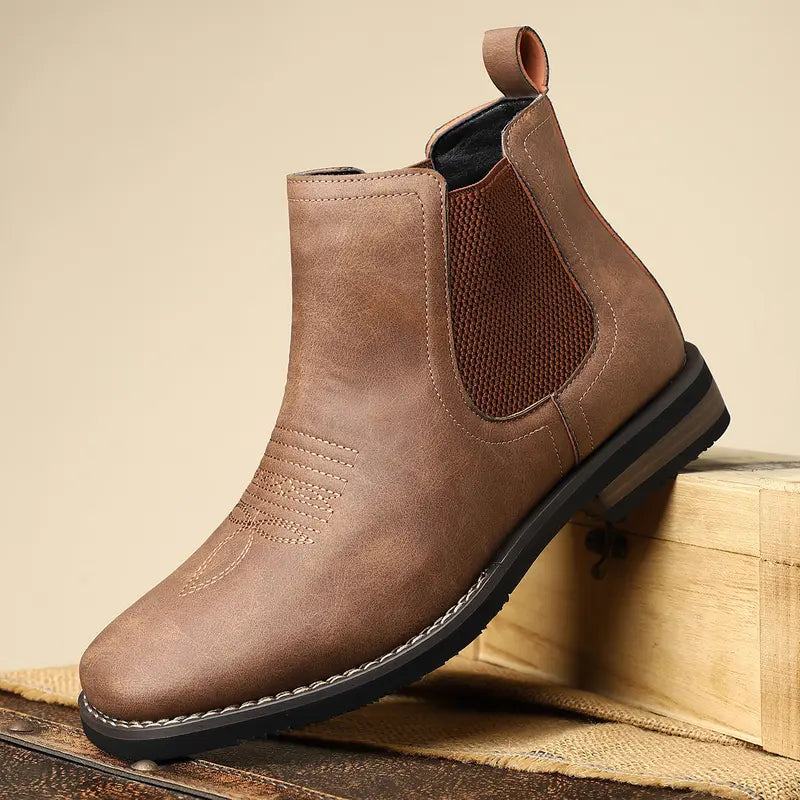 Brown Leather-Look Square Toe Ankle Boot