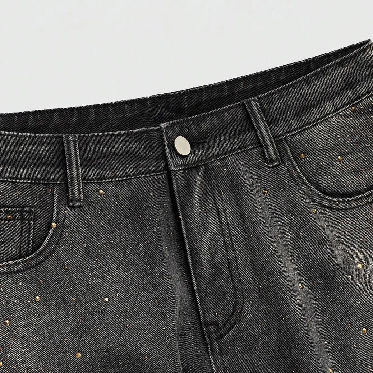Faded Black Straight Jeans with Glitter Accents