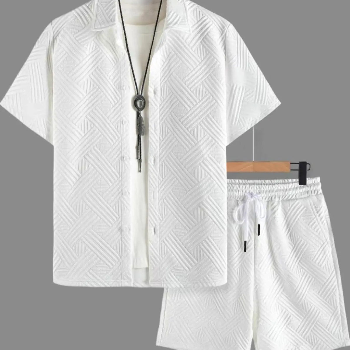 Men's Burgundy Textured Shirt and Shorts Set