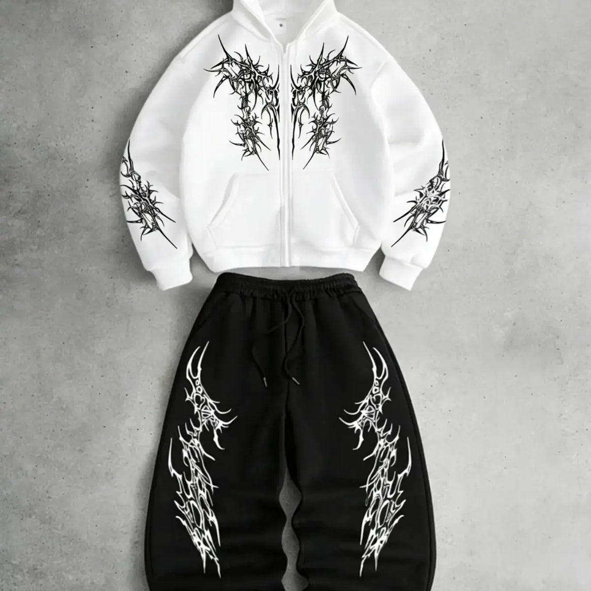 White Zip Hoodie and Joggers Set with Print