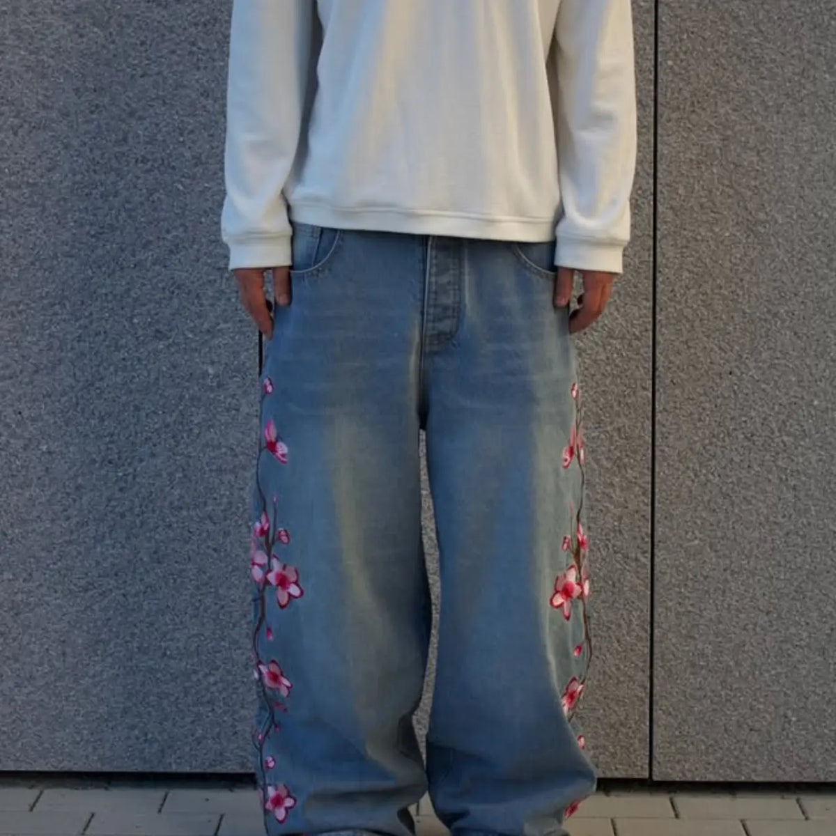 Light Blue Baggy Jeans with Cherry Blossom Embroidery