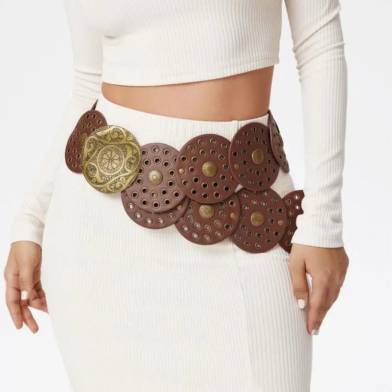 Brown Round Disc Belt with Brass Buckle