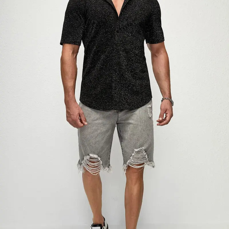 Men's Black Sparkle Short Sleeve Button Shirt