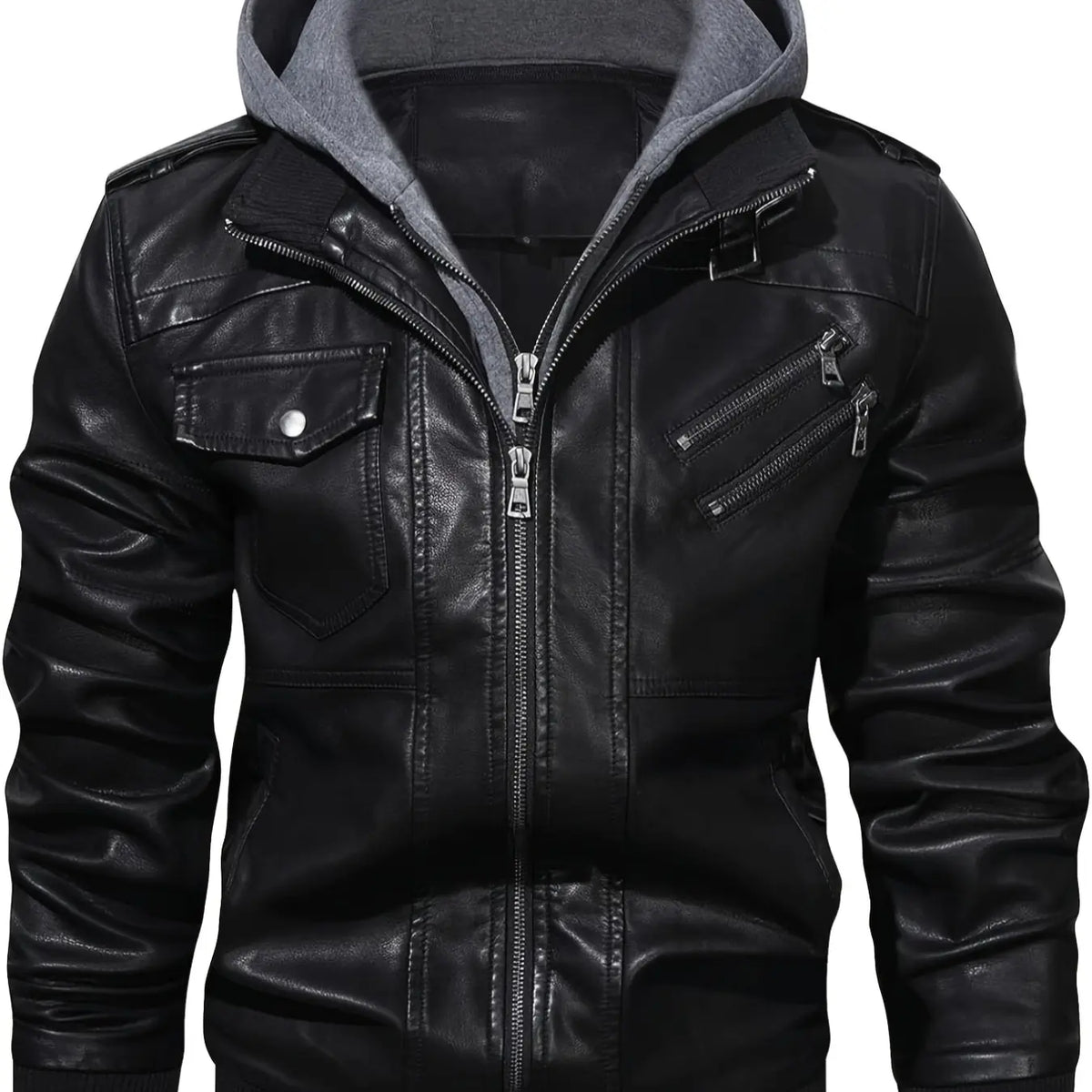 Black Faux Leather Zip Jacket with Hood