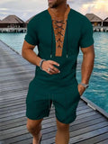 Teal Lace-Up Top and Drawstring Shorts Set