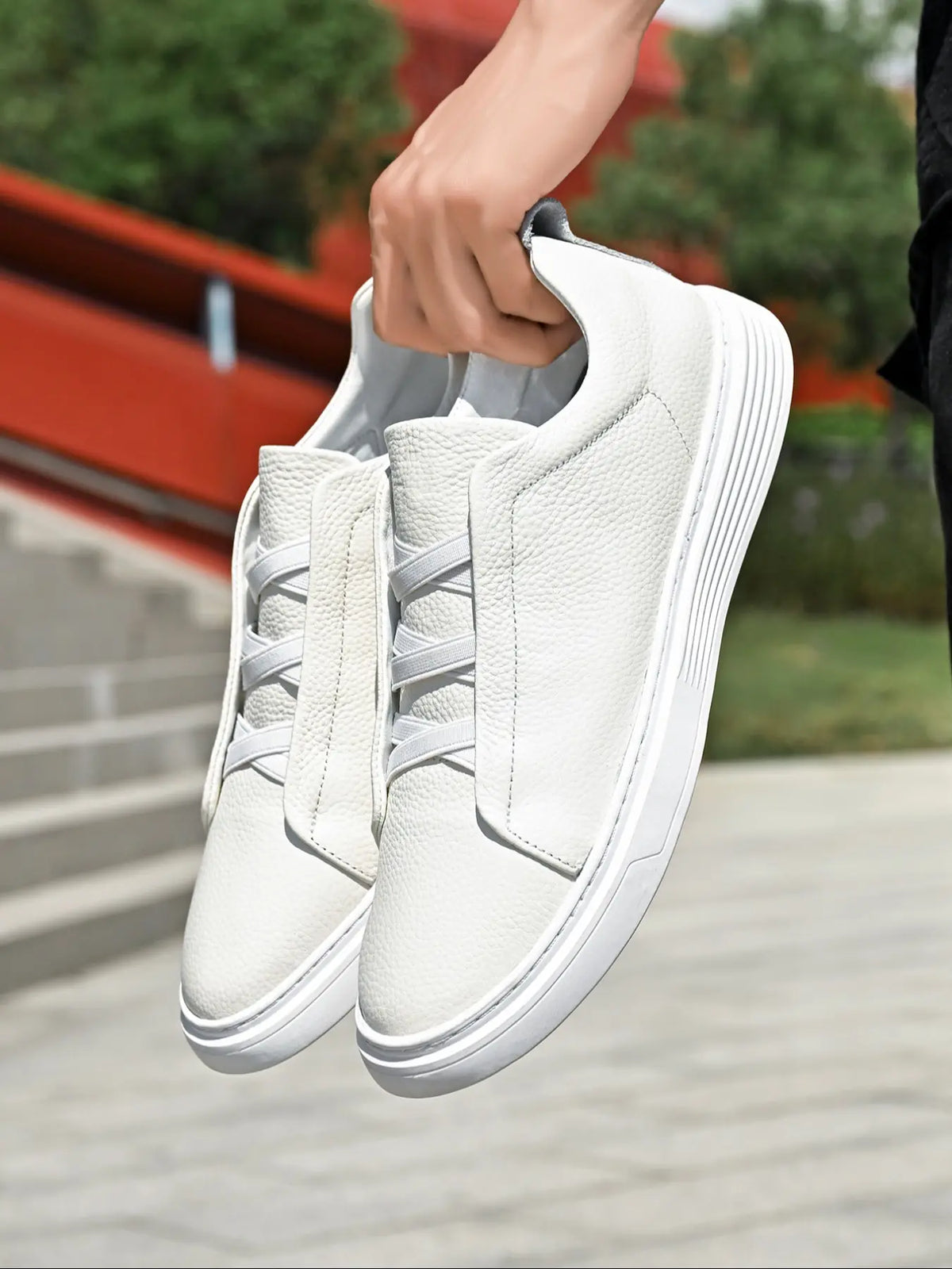 White Leather Low Top Slip-On Sneakers