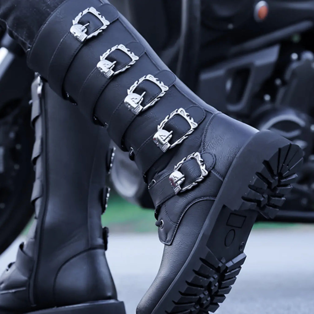 Black Faux Leather Mid-Calf Boots with Buckle Straps