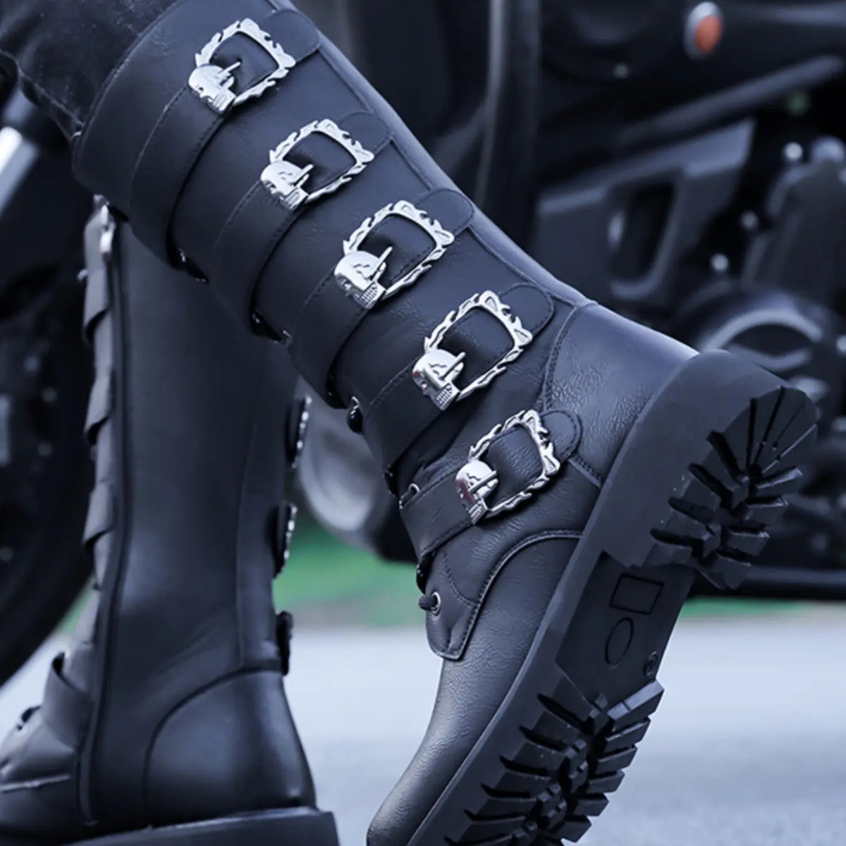 Black Faux Leather Mid-Calf Boots with Buckle Straps