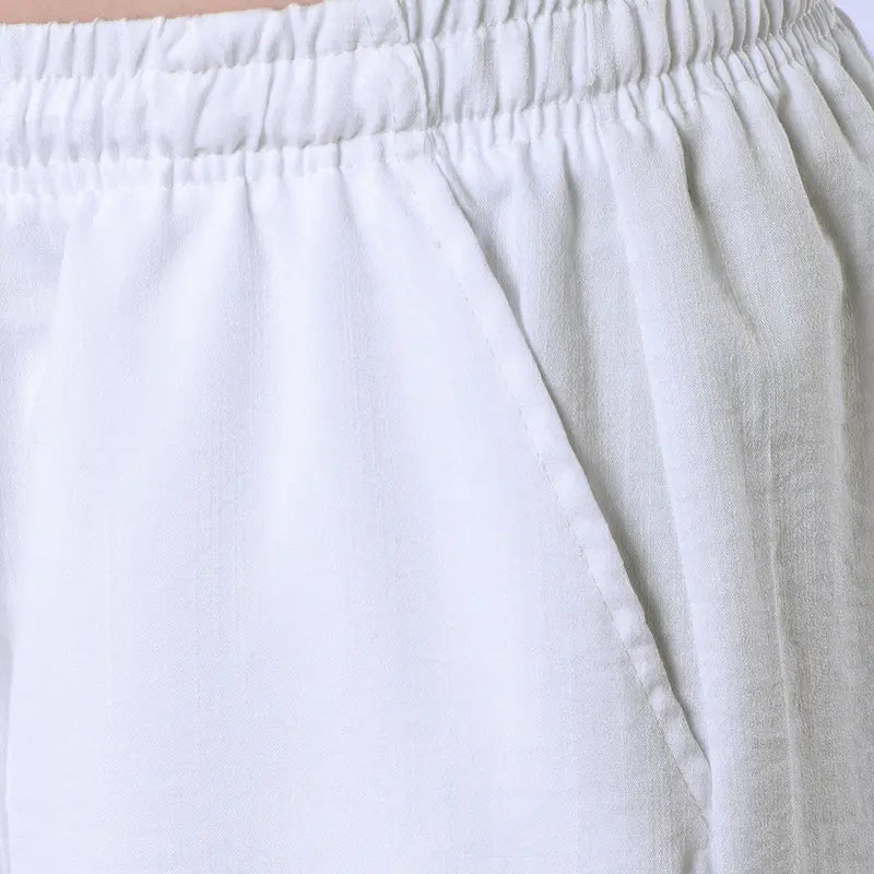 Drawstring Linen-Look Pants in White, Beige and Blue